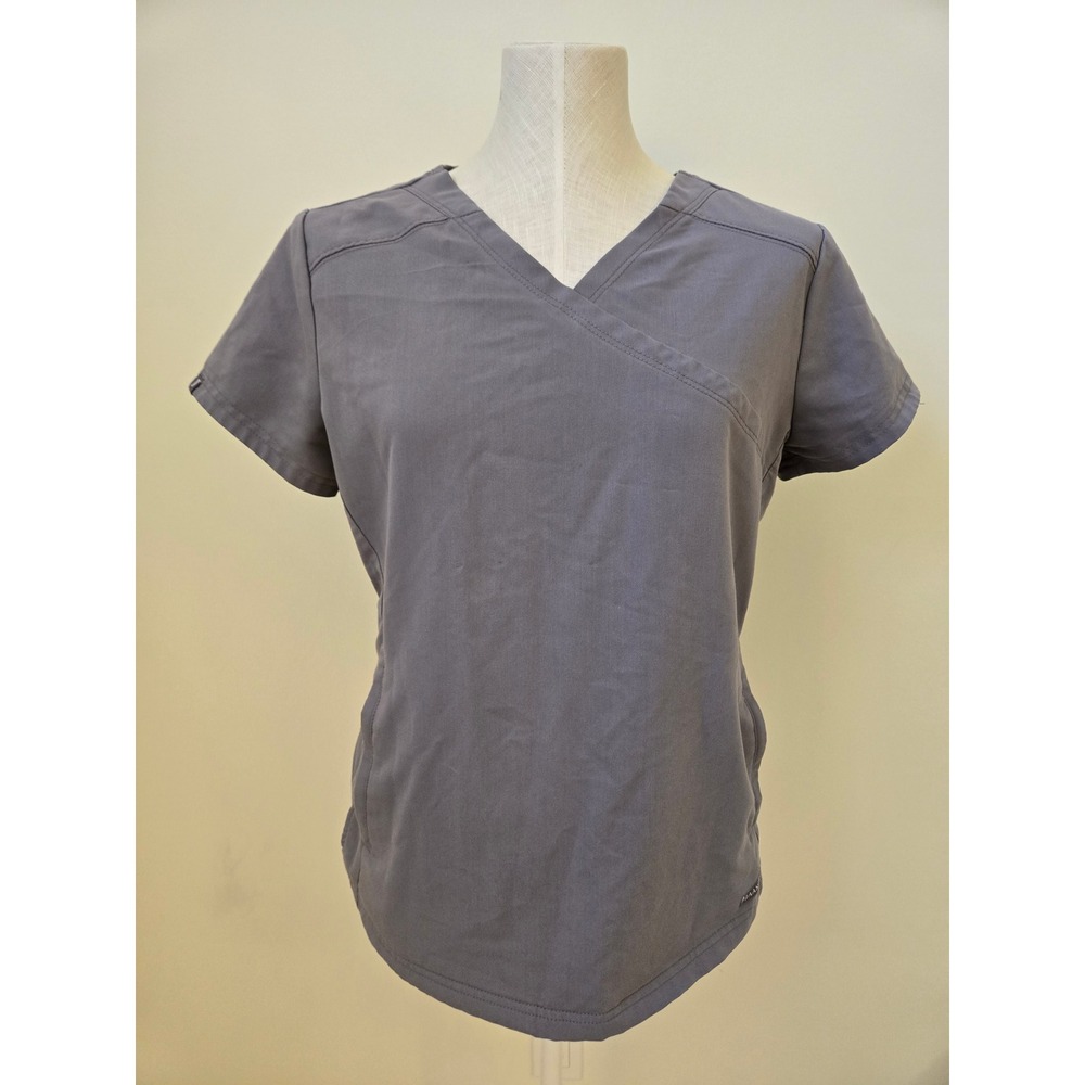 Jaanuu Grey Scrub Top Size Small Asymmetrical Wrap Style Zip Pockets